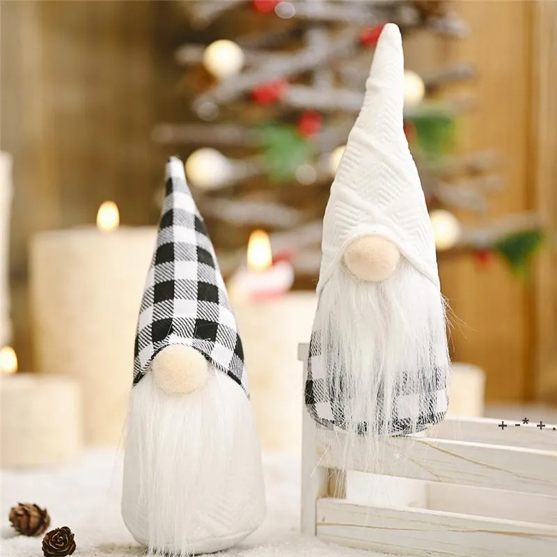 Gnome de Noël sans visage fait à la main à carreaux noirs et blancs Forêt Old Man Doll Décorations de plateau à plusieurs niveaux LLB12338