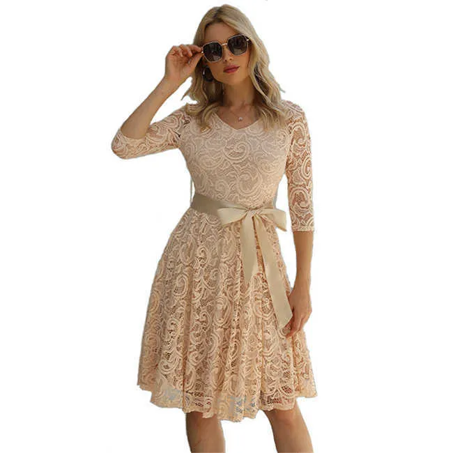 Lace Dress Women Summer Khaki Plus Size XS-4XL V Neck Slim Bow Knee-Length  Dress LR1016 from Dhgate Basic & Casual Dresses - price 47.44