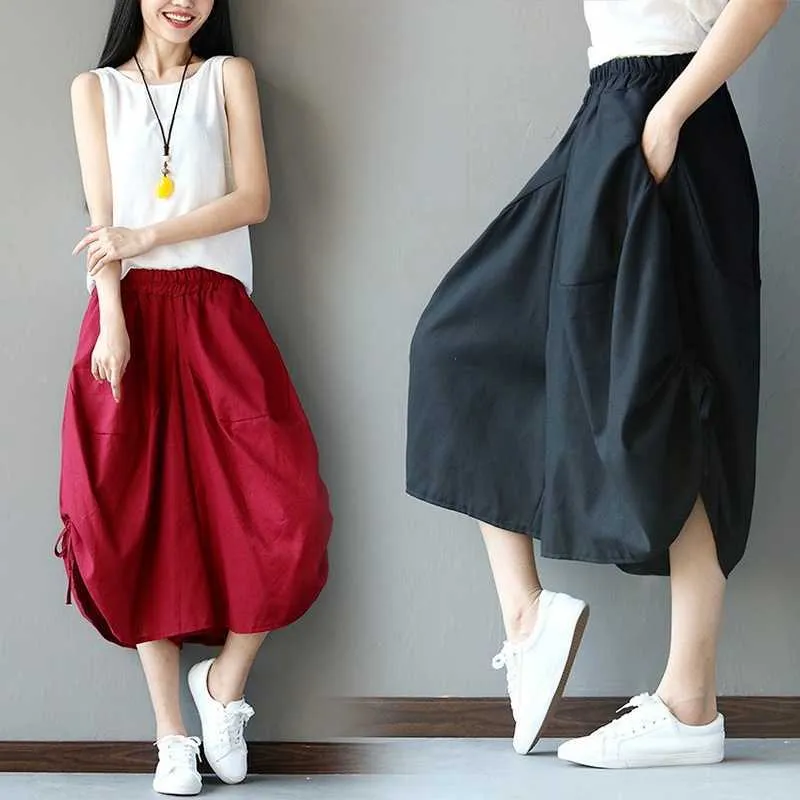 2021 Summer New Style Cotton and Linen Women's One-size Casual Pants Ethnic Bloomers Wide-leg Cropped Trousers Korean Style Q0802