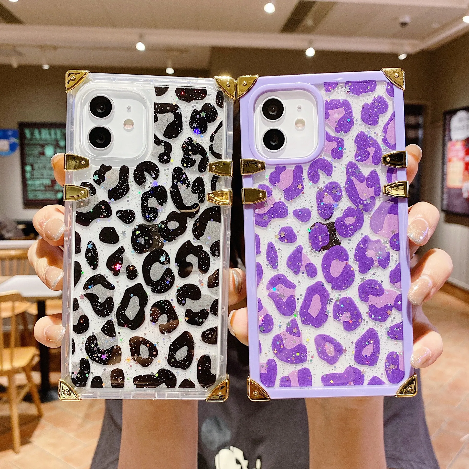 Custodie per telefoni quadrati con glitter leopardati per iPhone 13 11 12 Pro Max X XR 8 Plus Cover posteriore morbida di lusso