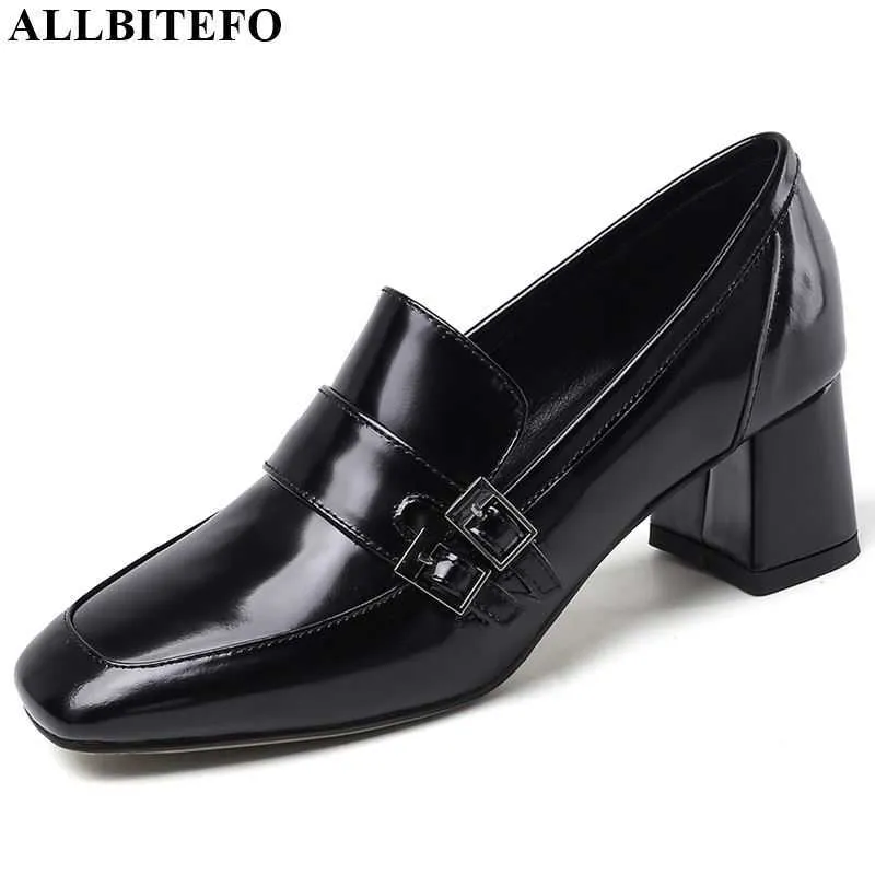 Allbitefo véritable cuir bout carré talons hauts femmes chaussures femmes chaussures à talons hauts mode printemps femmes talons 210611