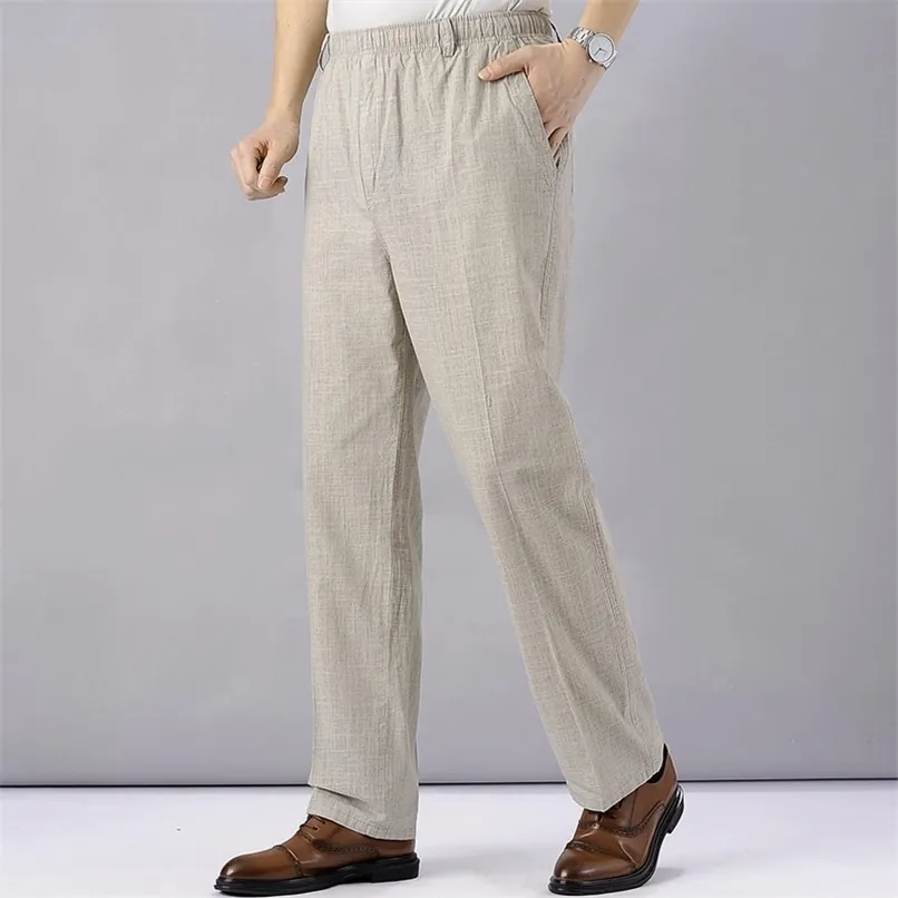 Heren hoge taille trausers zomer broek kleding nieuwigheid linnen losse katoen elastische band dunne werk vintage brede benen broek 211013