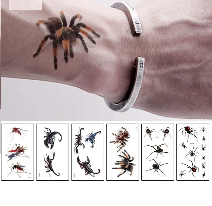 3D Spider Tatoo Scorpion Temporary Tattoo Stickers For Halloween Fake Tattoos Body Art Tatuajes Joke