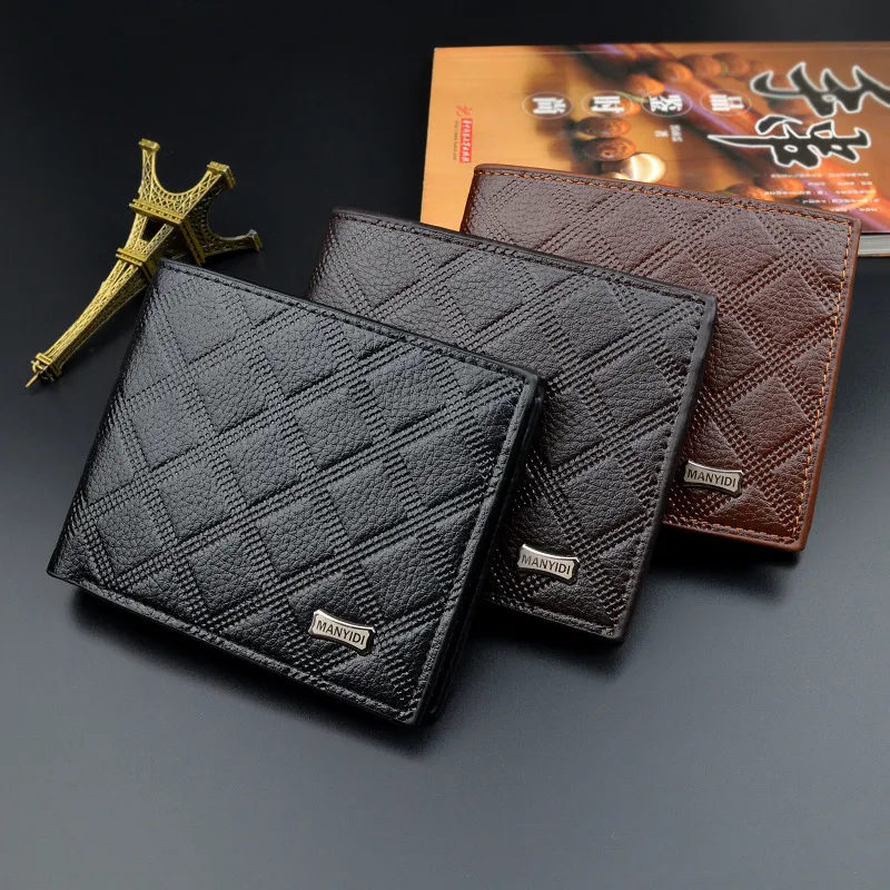 DHL50pcs Wallets Men PU Plaid Embossing Multifunctional Short Square Open Three Foldable Credit Card Holder