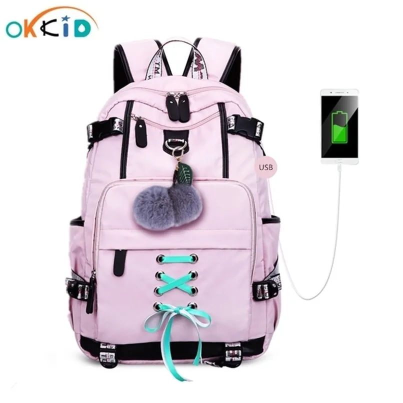 Okkid High School Bolsas para adolescentes Meninas Grande escola mochila feminina viajar laptop mochila 15.6 Saco de carga USB presente bola de pelúcia 220209