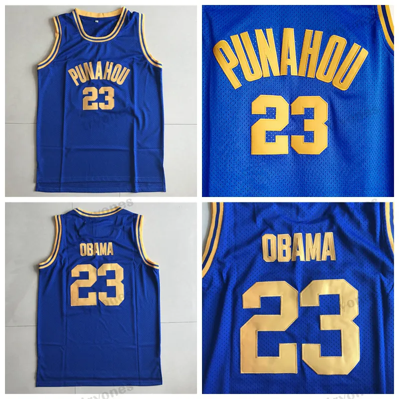 Mens 23 Barack Obama Punahou High School Basketball Jerseys Vintage Blue Stitched Shirts S-XXL