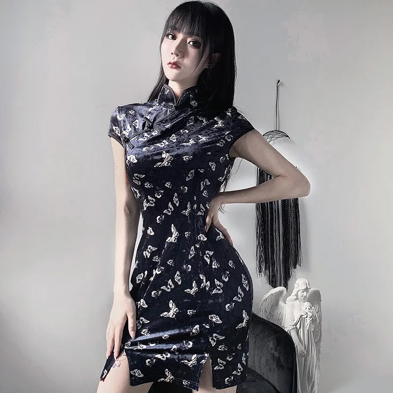 Китайский стиль бабочка Print Cheongsam Bodycon платье 2020 летних женщин черный стенд воротник боковой сплит сексуальные мини платья C0304