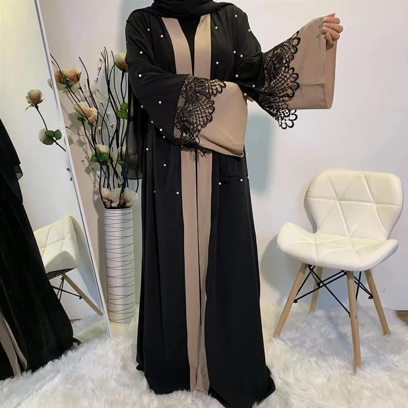Ramadan Black Lace Abaya For Women Elegant Lace Kimono Kaftan With