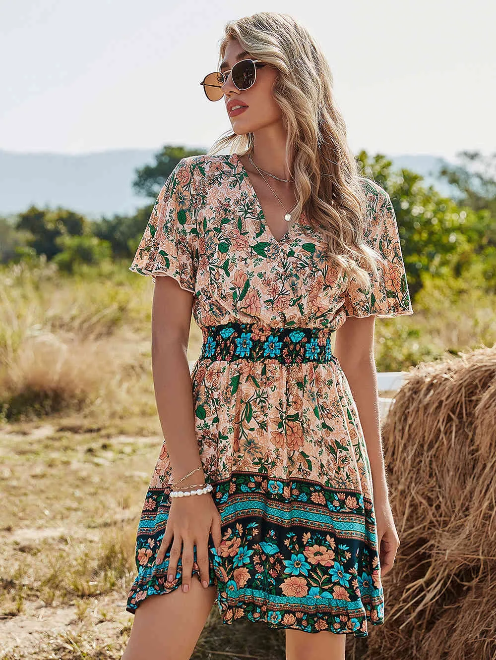 Boho Floral Print V Neck Bohemian Dress With Ruffles For