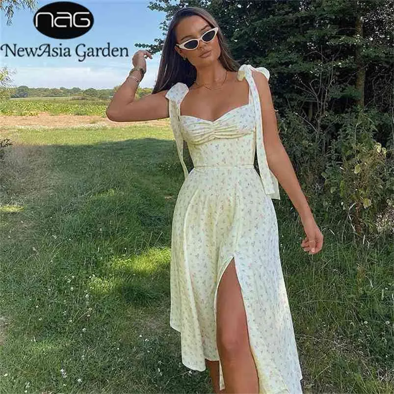 Asien Gul tryck Dres Sommar Ärmlös Tie Up Bow Rem Elegant Midi Klänningar Casual Sexy Side Split Floral Dress 210721