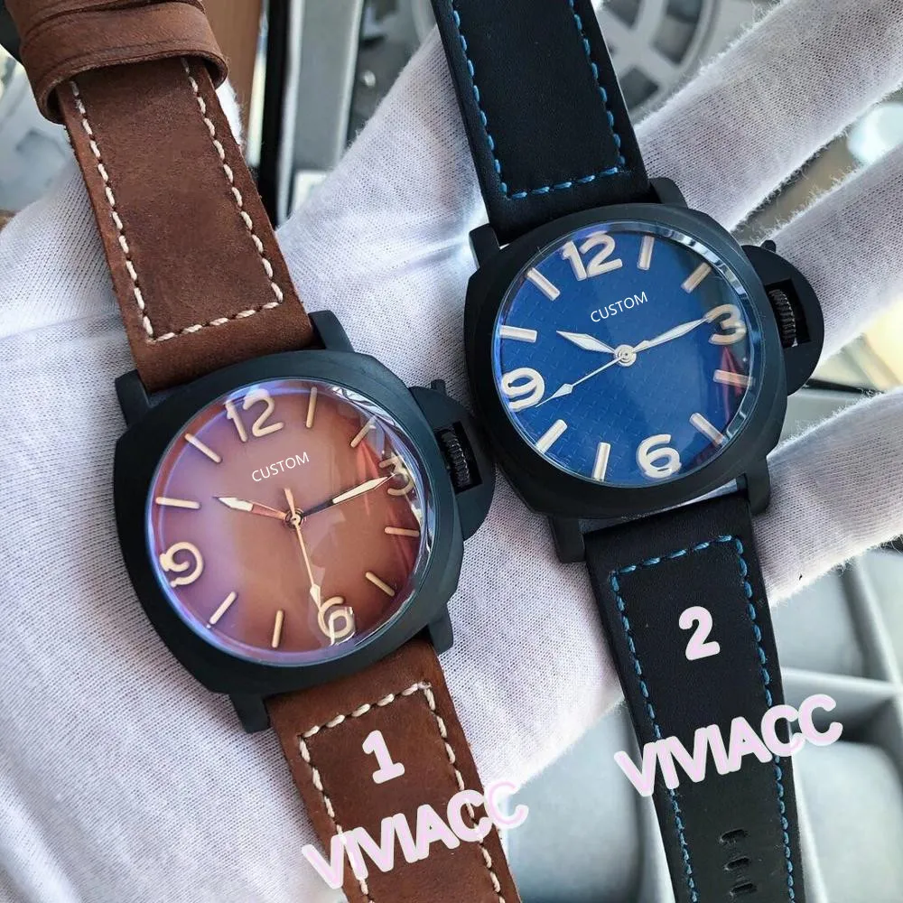Klasyczne mężczyzn Automatyczny numer mechaniczny zegarek niebieski brązowy skórzany szklany szklany zegarek ze stali nierdzewnej 45 mm