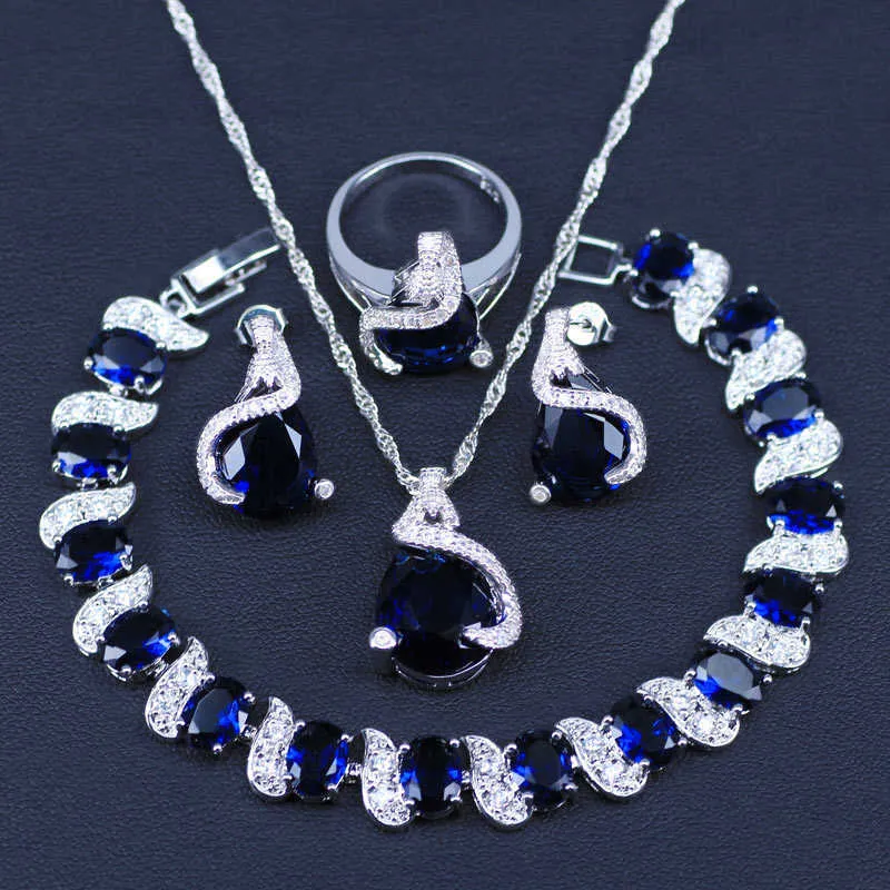 Zilveren kleur sieraden blauw zirkoon witte CZ sieraden sets voor vrouwen oorbellen / hanger / ketting / ringen / armband H1022