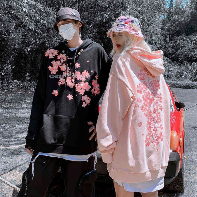 Anime Hooded Sweatshirt Sakura Print Oversized Cotton