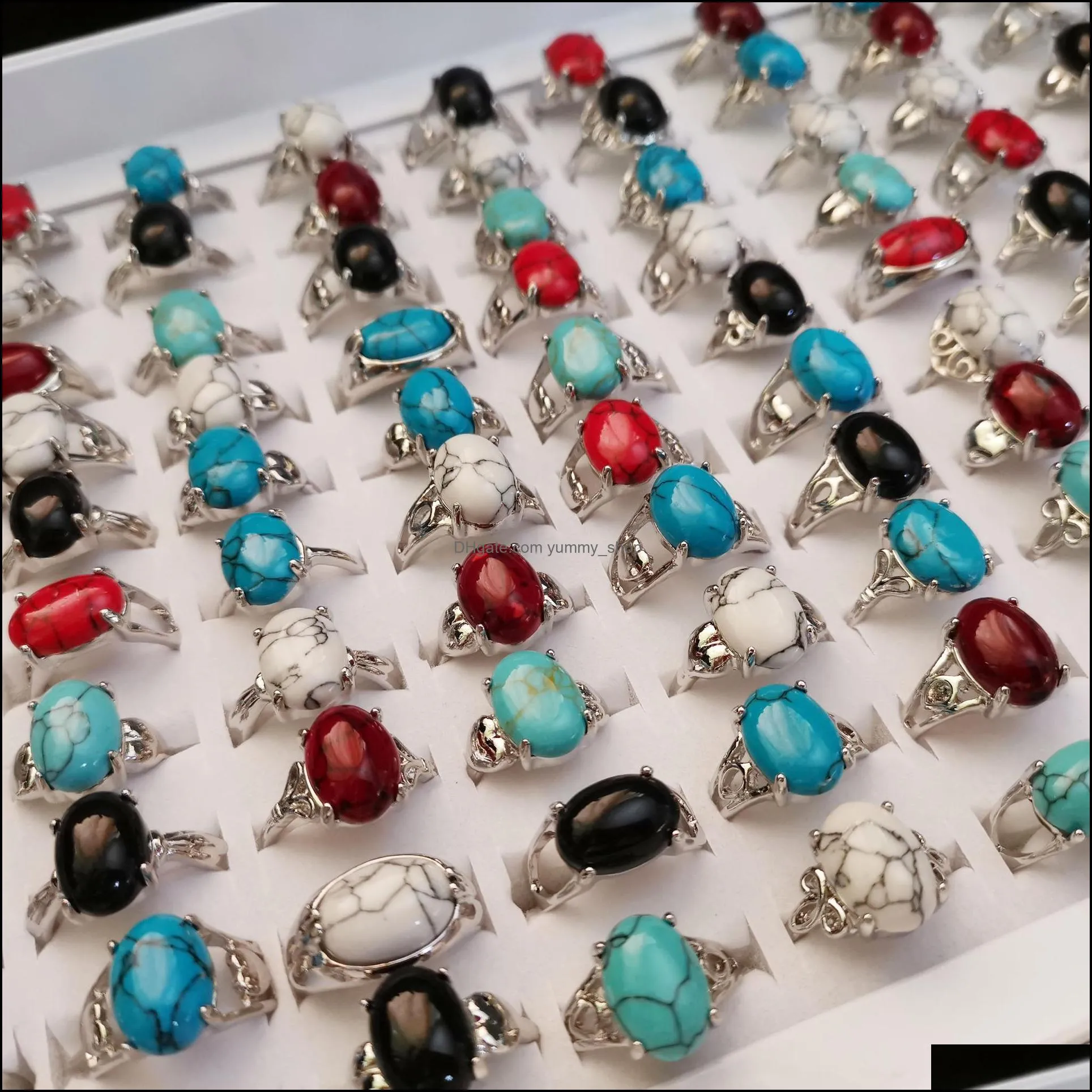 50pcs/lot New Oval Natural Turquoise Rings For Women Men Fine Jewelry For Anniversary Party Gift Vintage Antique Silver Ring