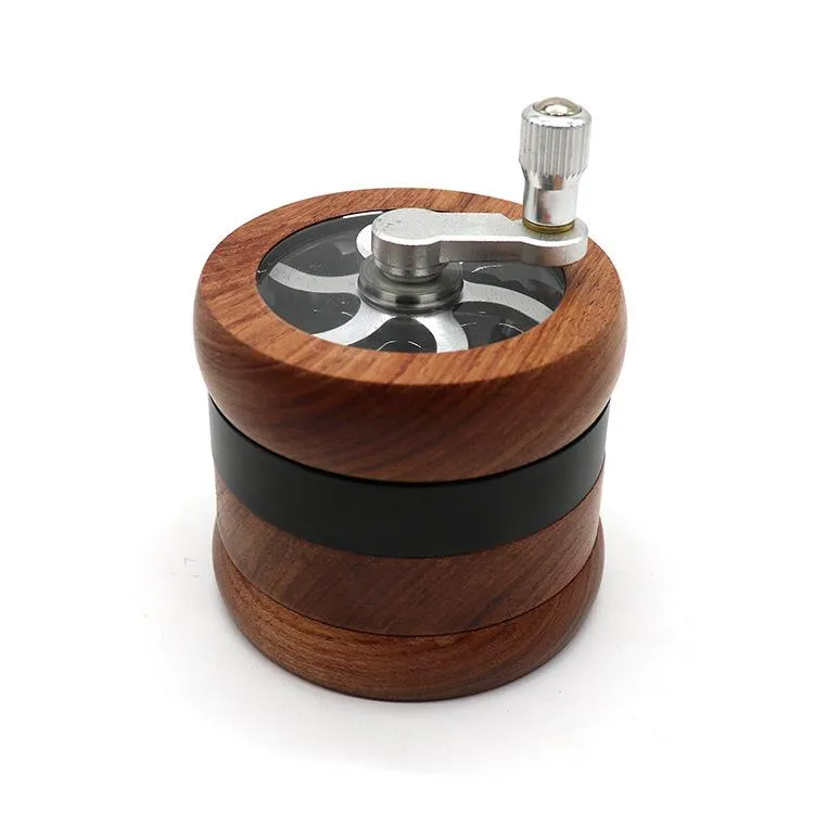 Hand Crank Wood Grinder Smoking Tobacco Herb Spice Crush Aluminium Alloy Wooden Crusher 67mm 4 Layers