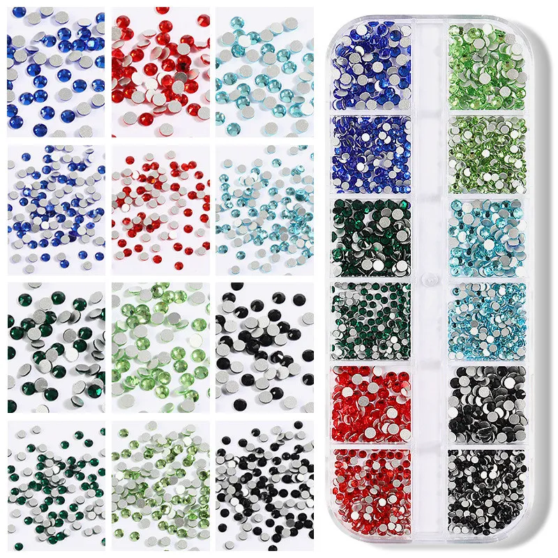 Atacado DIY Nail Art Diamantes 12 Grades / Caixa Glitter AB Cristais De Vidro Estilo Misturado Volta Redonda Design De Design Unhas Rhinestones Jóias Charms