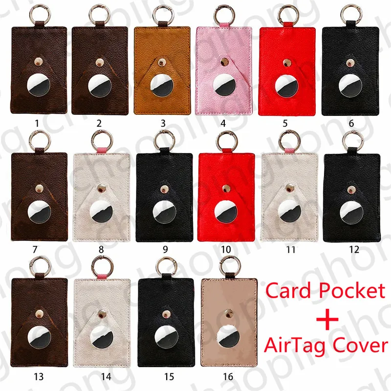 PU Luxury Leather Fodral Kortficka + För Airtag Finder Anti-Scratch Protetive Cover Brand Mönster med Keychain Carabiner