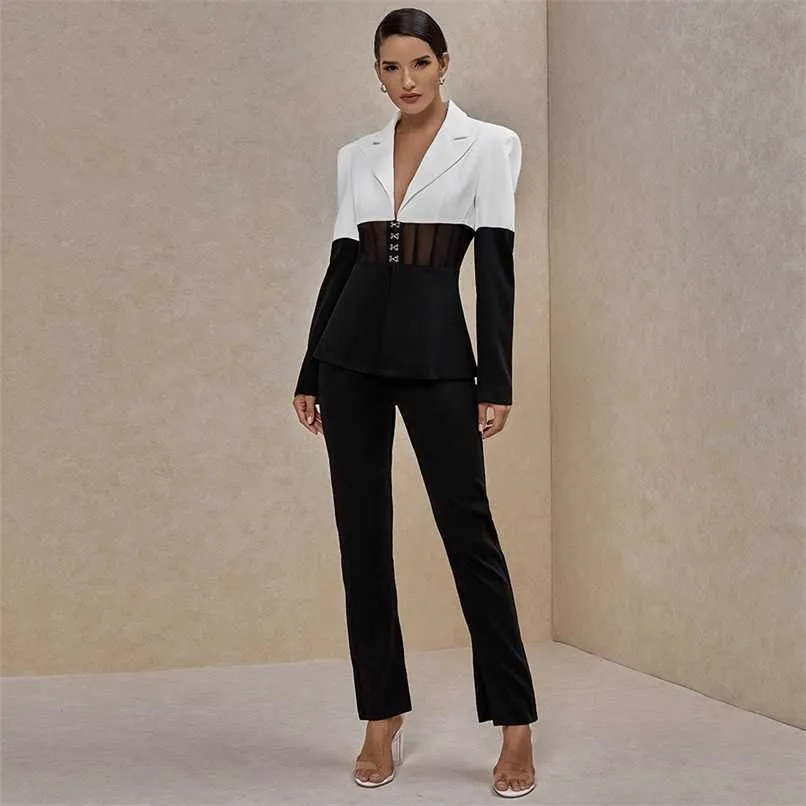 Ocstrade Two Piece Set Women Suit Blazer and Pants Club Outfits Runway Clothes Fall Black White 2 210930