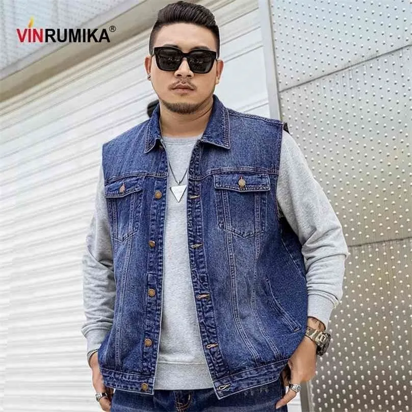 Büyük Boy Erkekler KPOP Moda Rahat Tarzı Sonbahar Bahar Kovboy Siyah Yelek Ceket Adam Denim Mavi Pamuk Yelekler Coats 5XL 6XL 7XL 210925