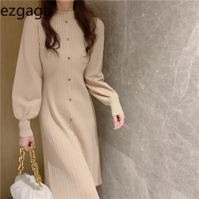 Ezgaga Knitted Sweater Dress Women Long Lantern Sleeve All-Match Solid Button Bodycon Dress Office Lady Elegant Vestidos 210430