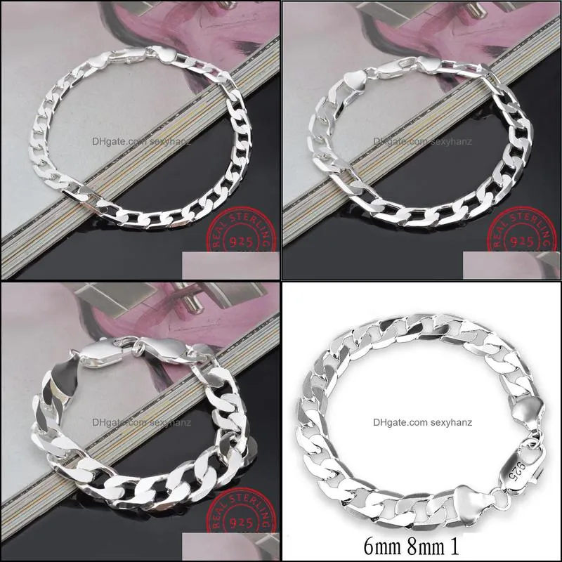 6MM 8MM 10MM 12MM Men Bracelet 925 Sterling Silver Italian Cuban Curb Chain Link Chain Bracelet Men Women Wholesale Jewelry Gift