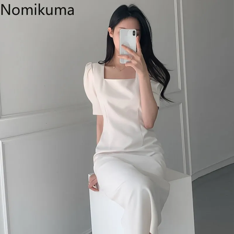 Nomikuma vestido elegante mulheres colarinho quadrado manga curta midi vestidos de verão femme estilo coreano estilo magro vestidos 210514