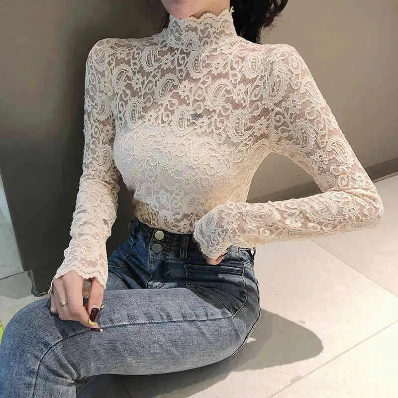 Elegant Lace Turtleneck Blouse Sexy Women's Long Sleeve Top, Classic  Black White, Perfect for Office Evening Wear