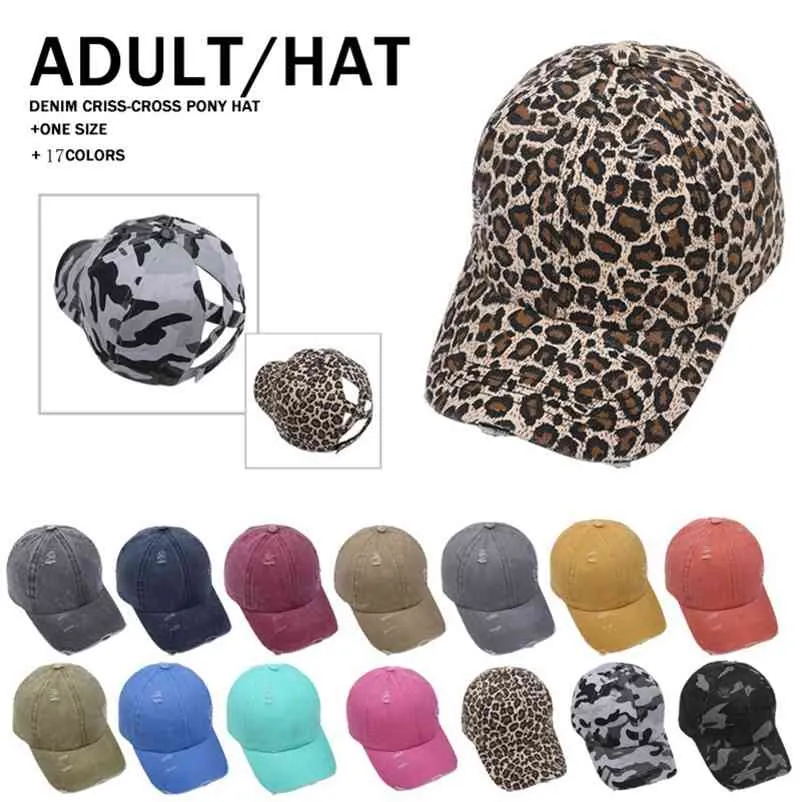 Leopard Meisai Animal Print Ponytail Baseball Cap Criss Cross Washed Cotton Ball Cap Fashion Leopard High Messy Hat 17 styles LLA449