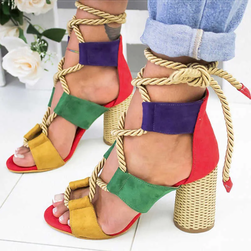 Women Sandals Lace Up Summer Shoes Woman Heels Sandals Pointed Fish Mouth Gladiator Sandals Woman Hemp Rope High Heels Shoes X0526