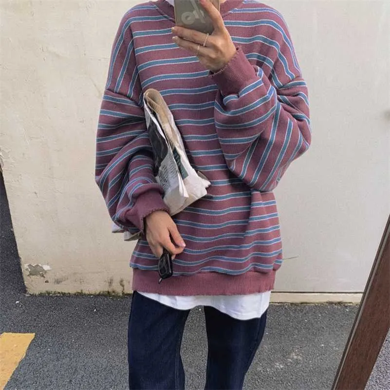 Sweats à capuche surdimensionnés Femmes Vintage Harajuku Fille Simple All Match Pull Casual Mince Rayé À Manches Longues Top Crew Neck Streetwear 211019