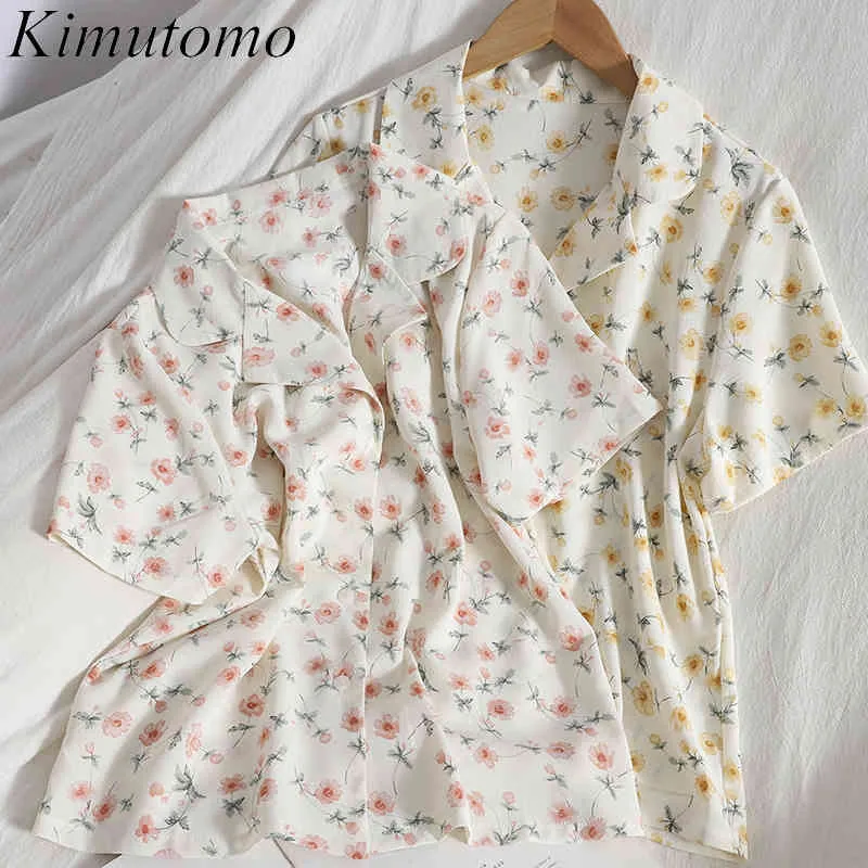 KIMUTOMO korte mouwen bloemen gedrukt shirt lente zomer Koreaanse mode gekerfd enkele breasted slanke taille zachte top 210521