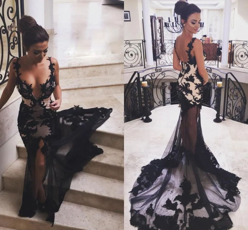 Sexy Style Black Lace Suknie Wieczorowe Głębokie V Neck Backless Sheer Spódnica Długa Mermaid Modne 2021 Prom Party Suknie Custom Plus Size