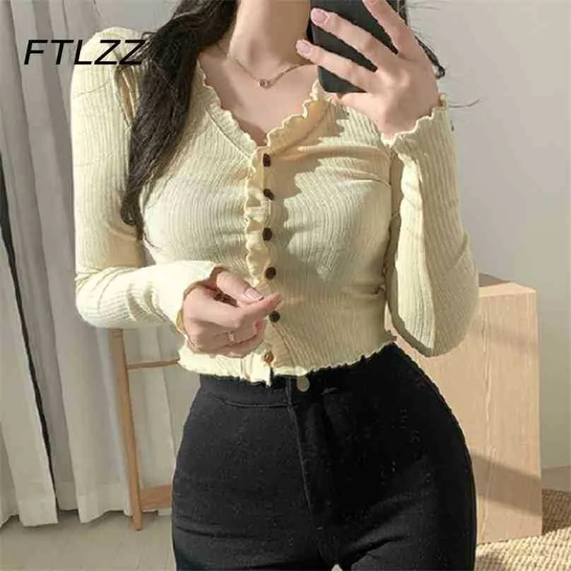 Frauen Süße Crop Pullover Frühling Sommer Langarm Sexy V-ausschnitt Button Up Rüschen Kurze Streetwear Gestrickte Tops 210525