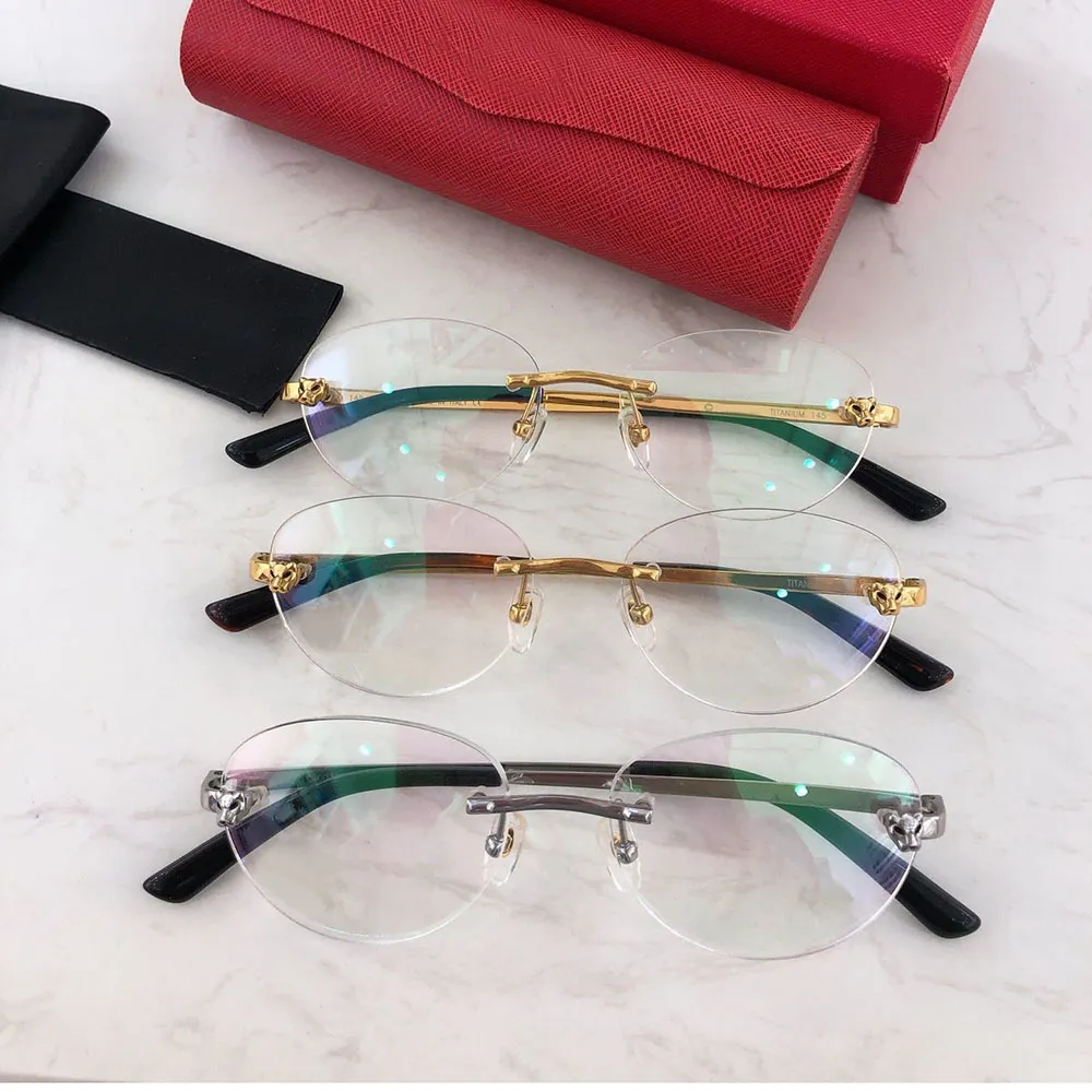 Optische Titanbrille mit Leopardenkopf-Dekoration, Rahmen, randlos, Anti-Blaulicht, rund, klassisch, für Herren und Damen, Accessoires, modische Katzenaugen-Luxus-Designer-Sonnenbrille