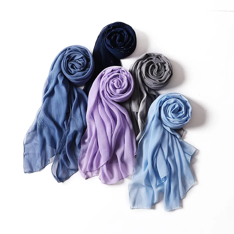 Women Shimmer Chiffon Scarves Muslim Hijabs Wraps Pearl Crinkle Solid Color Arab Modest Headscarf Rectangle Long Shawl