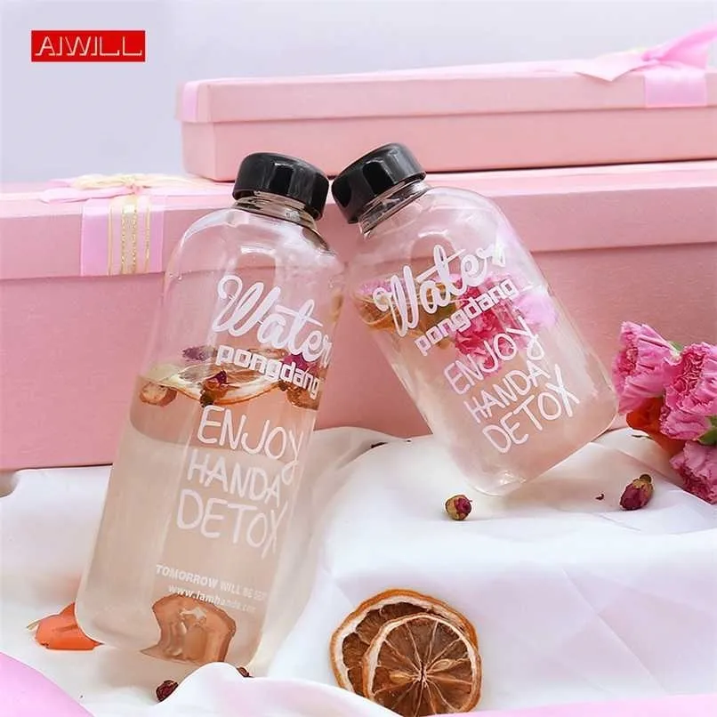 AIWILL 1000ml 600ml Glass Water Bottles Girl Students sports Creative Juice Bottle Kettle with Bag 211122