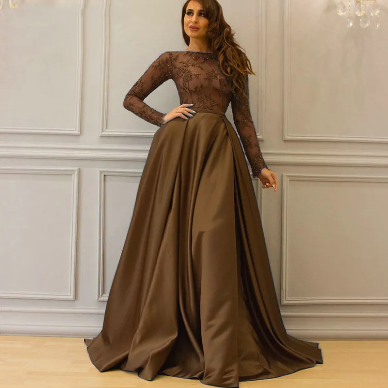 brown dress with sleeves formal Simple A-Line Satin Brown Long Prom Dress, Brown Long Formal Dress US 4 / Brown main image 1