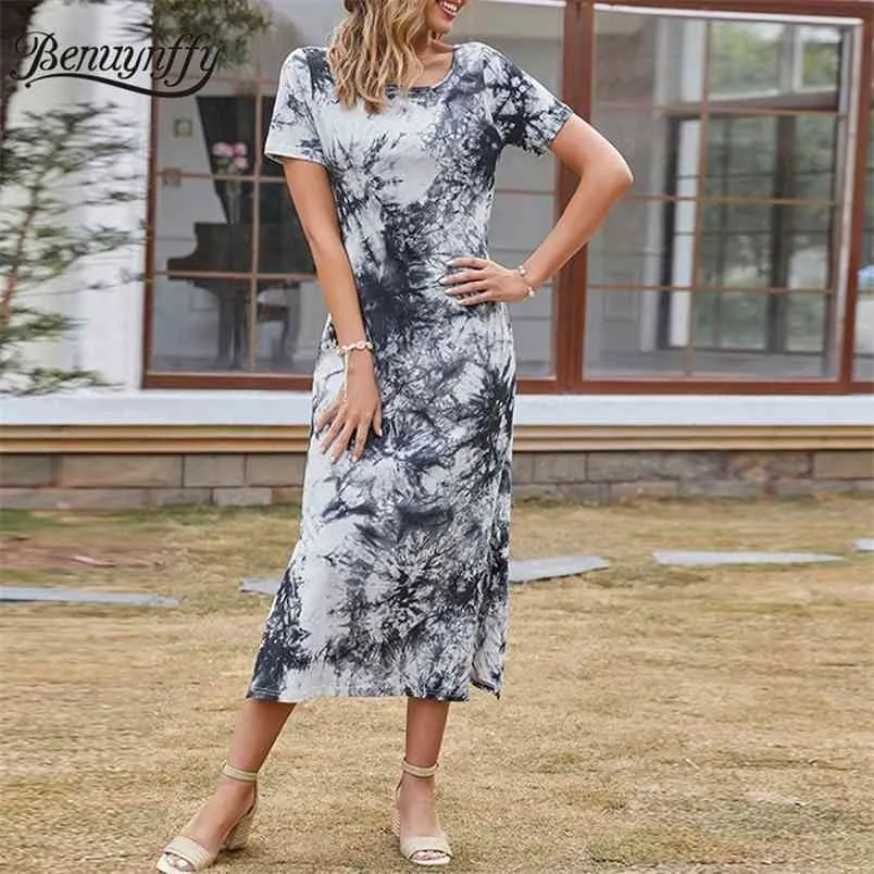 Girocollo Tie Dye Split Abiti lunghi Donna Estate Manica corta Vita alta Femminile Casual Slim Dress 210510