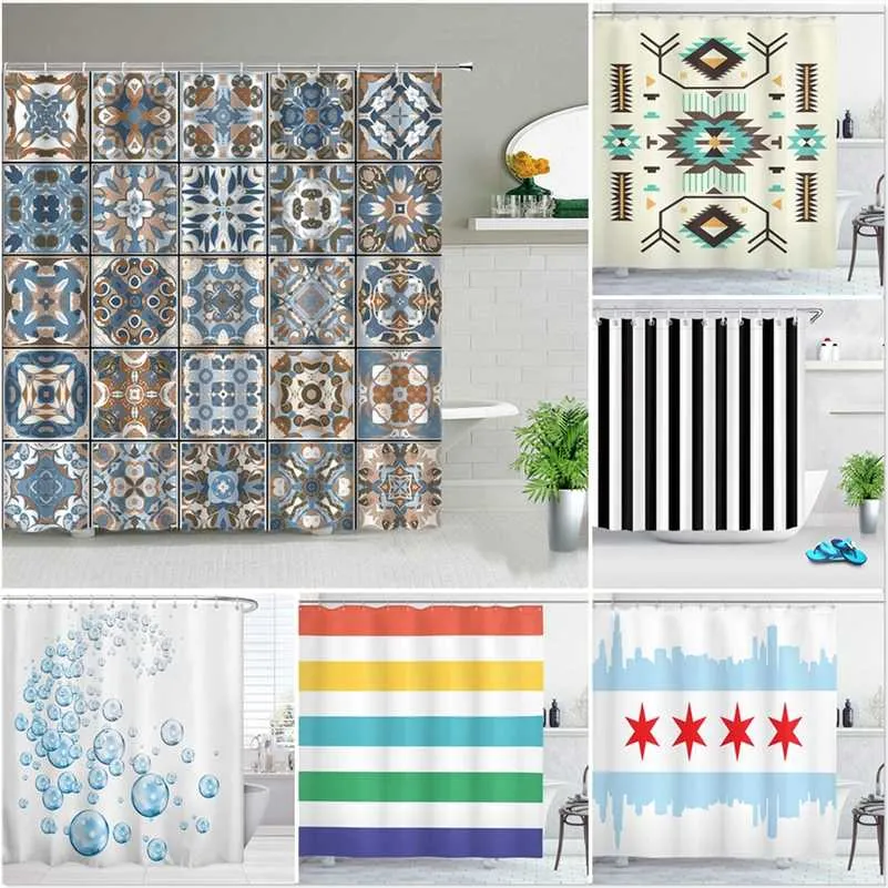 Marokkaanse douchegordijn patchwork patroon met verschillende kleurrijke originele Tunesische badkamer gordijnen decor set met haken 211116