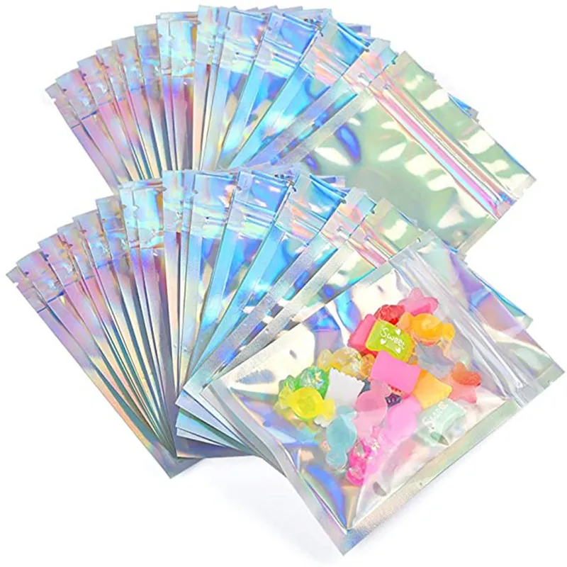 100pcs/lot Aluminum Foil Zipper Bag Resealable Plastic Retail Packaging Bags Holographic Package Pouch for Food Coffee Tea