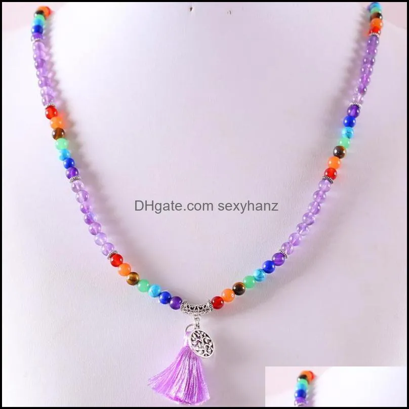 Ciondoli Gioielli Collane con ciondolo 1 Pz Fascino Donna Bracciale lungo Pietra mala naturale Howlite Quarzo Perlina tonda Nappa 7 Chakra Occhio di tigre R