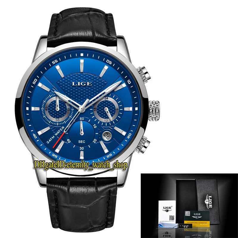 LIGE eternity LG9866 Sport Mens Watches Date Blue Dial Japan VK Quartz Chronograph Movement Men Watch alloy Case Black Leather Strap