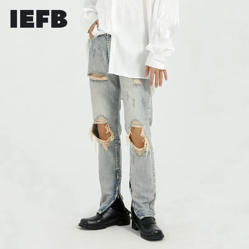 IEFB pantalon coréen Leggings Slim avec trou de fermeture éclair sur la jambe Vintage Hip Hope Jeans Streetwear Mans Denim pantalon 9Y7350 210524