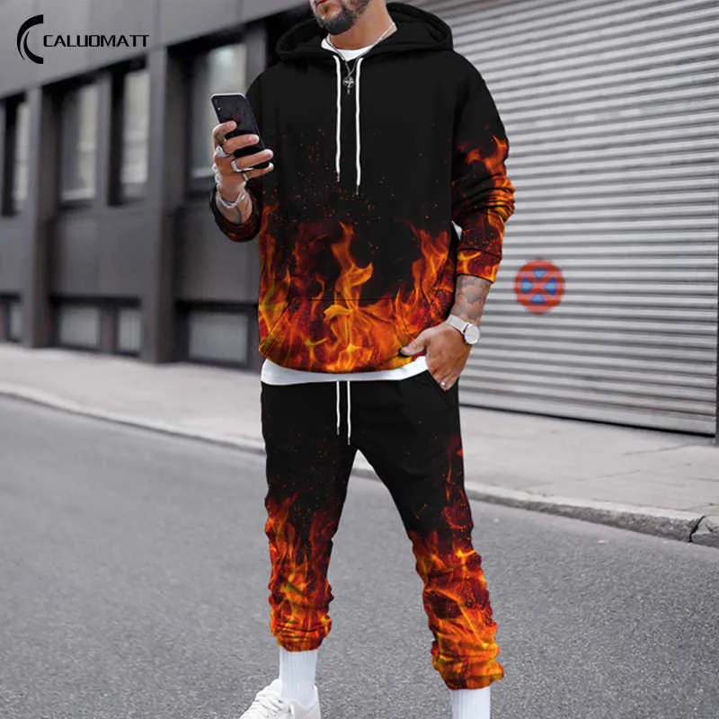 Męskie zestawy z kapturem Bluza spodnie dresowe Dres 2 Sztuk Płomień Drukuj Streetwear Boy Bluzy Joggers Garnitur męskiej Odzież Plus Rozmiar 6XL X0909