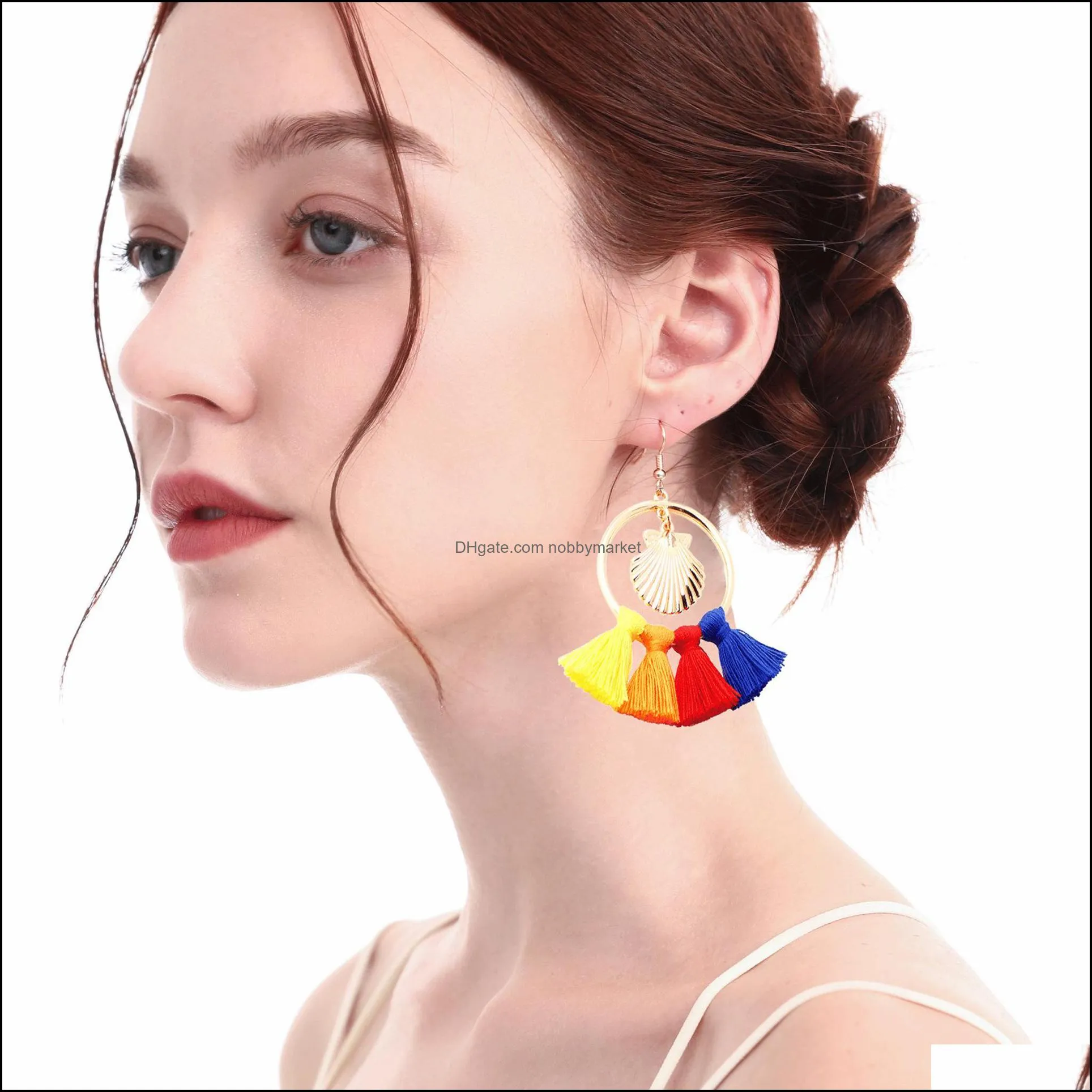 Bohemian Tassel Earrings Colorful Hoop Fringe Layerd Dangling Shell Earrings for Women Girls Gift Statement Earrings