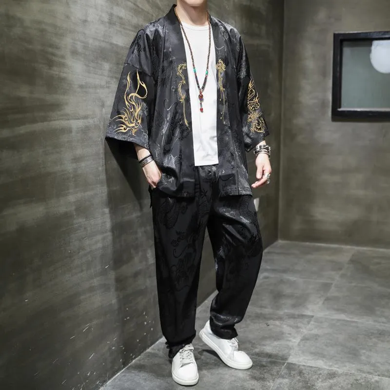 M-5XL Japoński styl Vintage Kimono Koszula + Spodnie Ustaw Mężczyźni Tradycyjne Harajuku Summer Streetwear Cardigan Dwa kawałki Zestawy XXXXXL Etniczne skrzep
