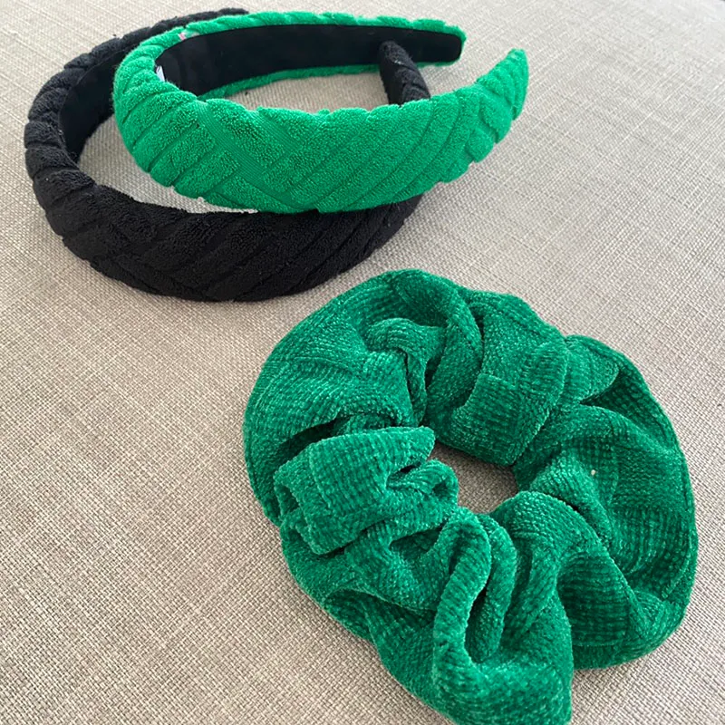 Vintage grönt huvudband för kvinnor insatser elastiska hår gummiband personlighet handduk tyg smink hårband