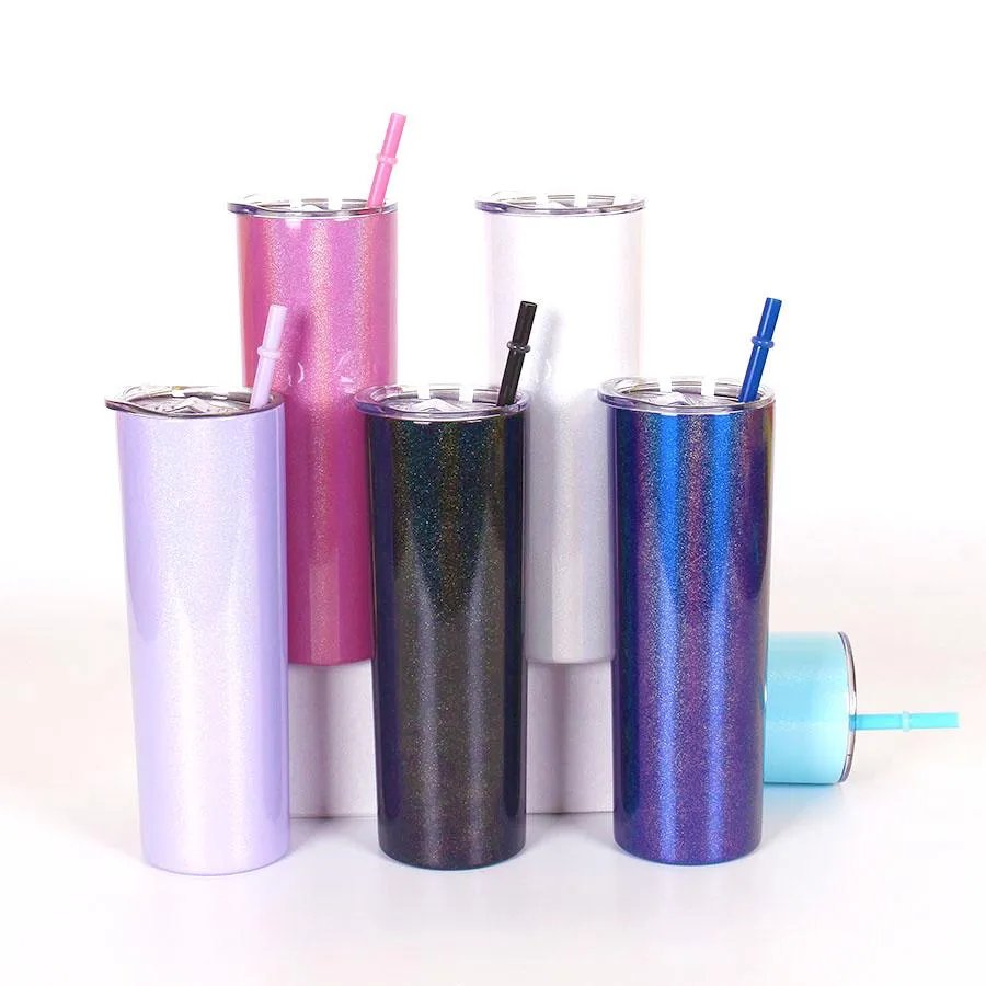 20oz Glitter Skinny Tumbler with Lid Stainless Steel Sparkling Slim Bottles Double Layer Insulated Vaccum Rainbow Straight Cups