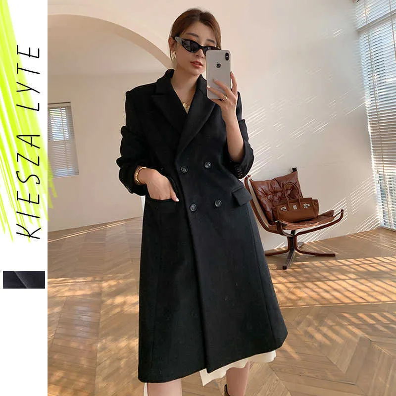 Black Lapel Woolen Coat for Women Korean Style Solid Loose Cashmere Autumn Winter Fashion Office Lady Outfit 210608