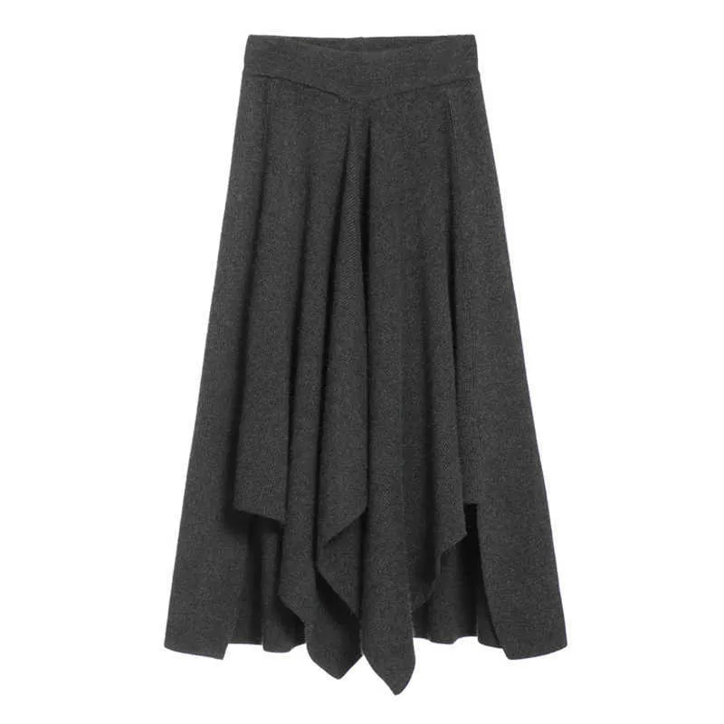 PERHAPS U Khaki Black Dark Gray Solid Knitting Irregular A-line Midi Skirt Empire Casual Pleated S0127 210529